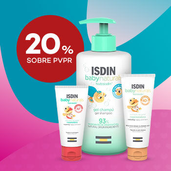 Marca Isdin baby naturals com destaque promocional de até 30% sobre preço de Venda ao Público Recomendado