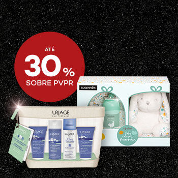 Destaque coffrets de bebé em campanha black friday com selo de desconto até 30% sobre preço de venda ao público recomendado