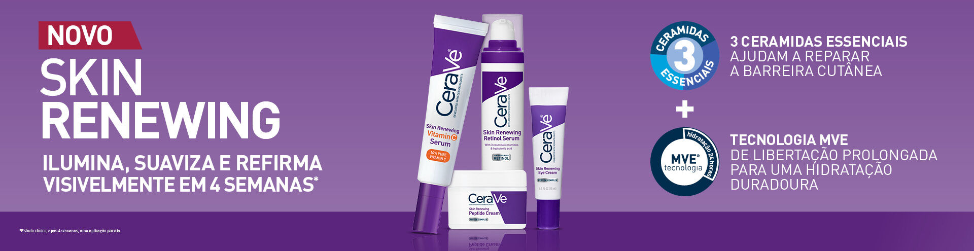 Cerave novo skin renewing, ilumina, suaviza e refirma visivelmente em 4 semanas.