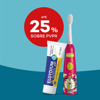 Higiene Oral Infantil com selo de desconto 25% sobre pre&ccedil;o de venda ao p&uacute;blico recomendado.