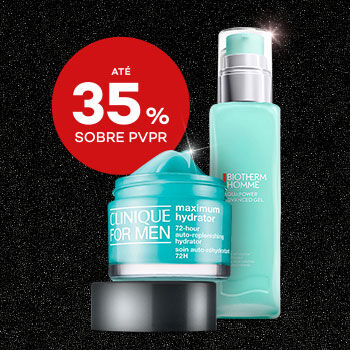 Destaque hidrantes de homem em campanha black friday com selo de desconto até 35% sobre preço de venda ao público recomendado