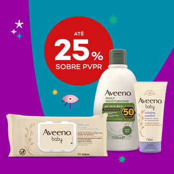 Produtos Aveeno com selo de desconto até 25% sobre preço de venda ao público recomendado