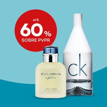 Perfumes de homem com selo de desconto até 60% sobre preço de venda ao público recomendado.