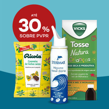 Produtos de Ouvidos, Nariz e Garganta com selo de desconto até 30% sobre preço de venda ao público recomendado.