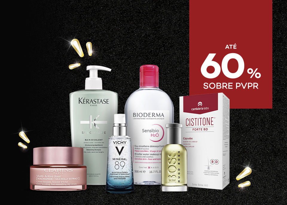 Produtos em campanha Black Friday com selo de desconto até 60% sobre preço de venda ao público recomendado