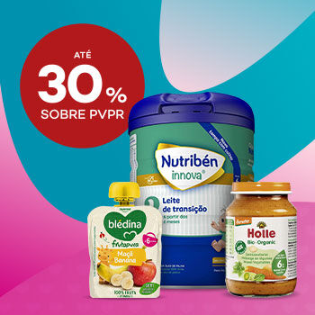 Produtos de Alimentação Infantil com selo de desconto até 30% sobre preço de venda ao público recomendado.