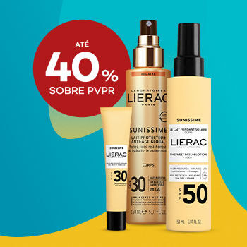 Três produtos solares Lierac em destaque e selo de desconto até 40% sobre preço venda ao publico recomendado