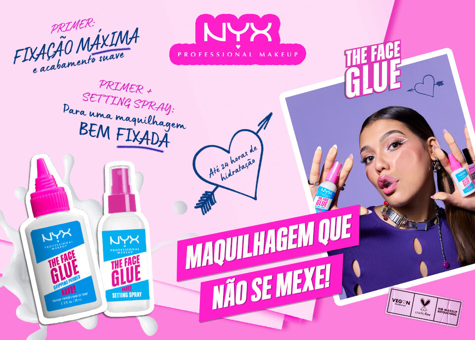 Banner com modelo com maquilhagem intacta com NYX The Face Glue, primer e fixador em destaque sobre fundo vibrante.