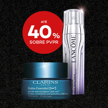 Produtos de cosmética luxo com selo de desconto até 45% sobre preço de venda ao público recomendado.