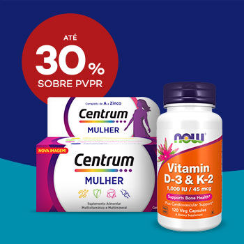 Produtos Multivitamínicos com selo de desconto até 30% sobre preço de venda ao público recomendado.