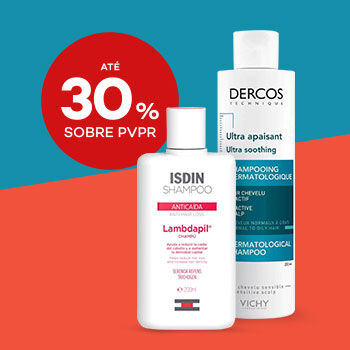 Produtos de cabelo com selo de desconto até 30% sobre preço de venda ao público recomendado