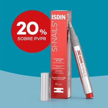 Destaque de dois produtos Si-nails da Isdin e selo de desconto 20% sobre preço venda ao publico recomendado