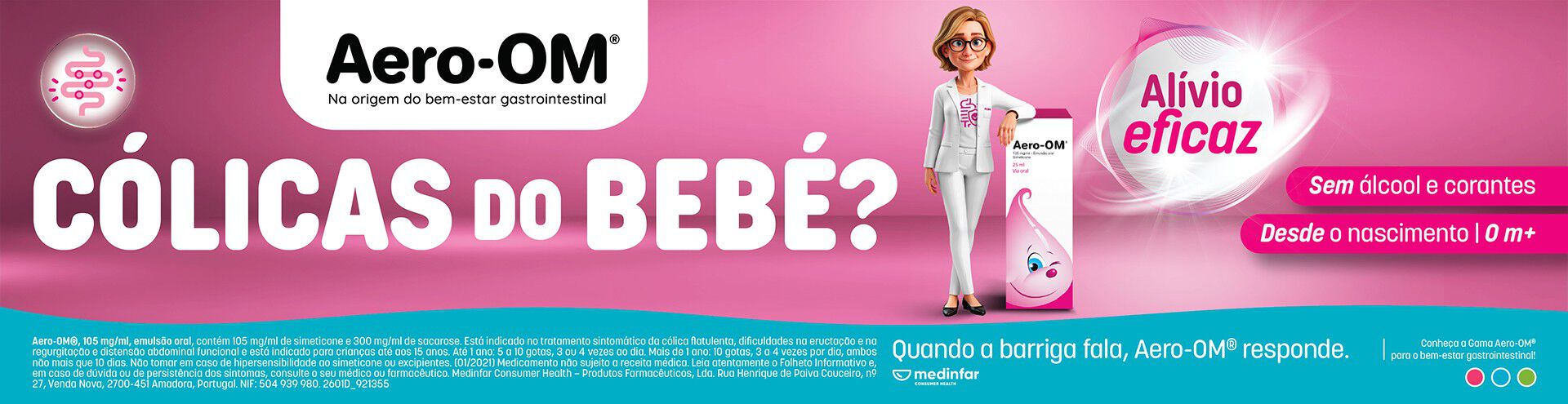 Aero-Om, c&oacute;licas do beb&eacute;? Sem &aacute;lcool e corantes. Desde o nascimento.