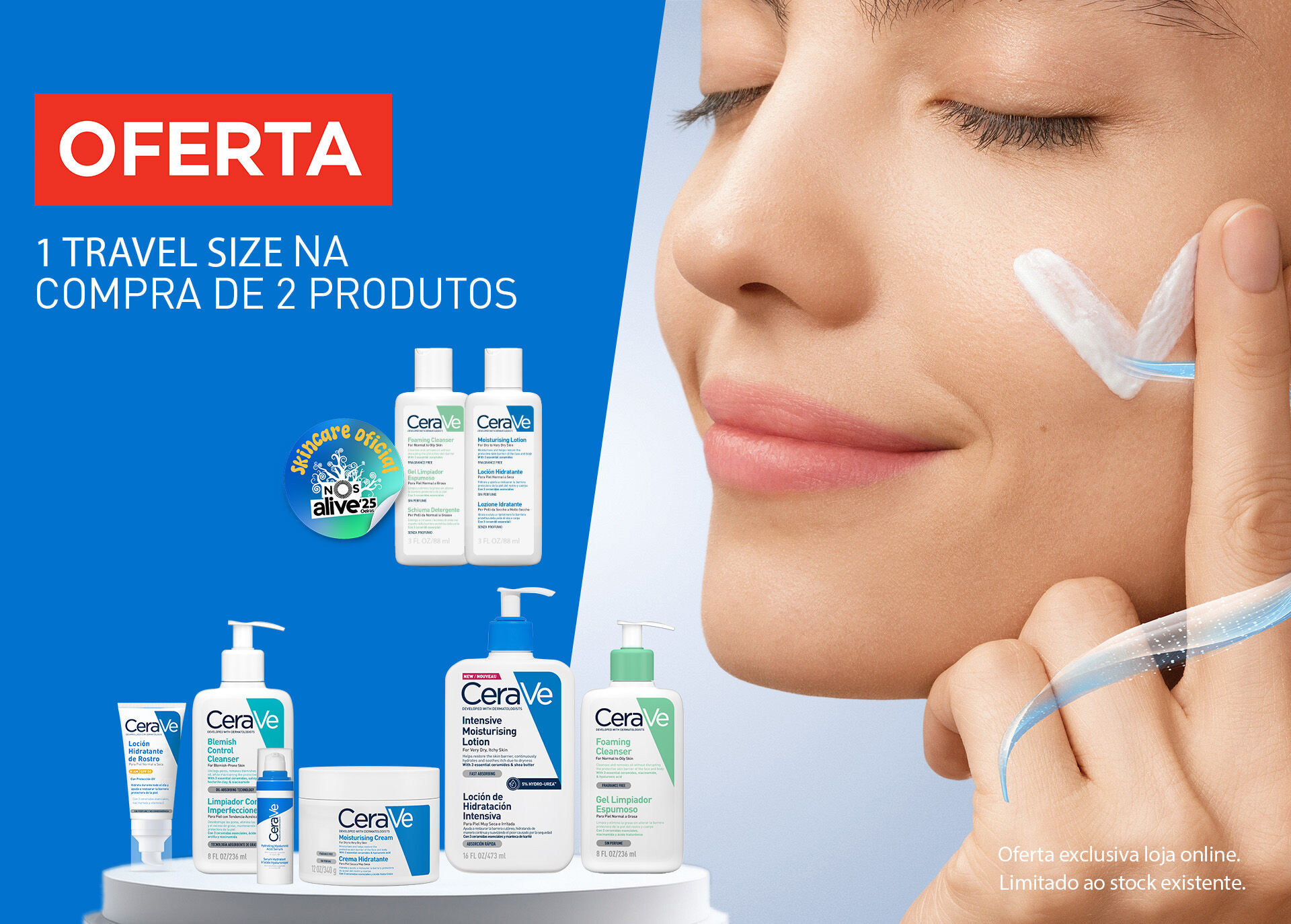 "Produtos CeraVe em destaque sobre fundo azul com rosto de mulher ao lado, evocando cuidado. Imagem da oferta em destaque "Produtos CeraVe em destaque sobre fundo azul com rosto de mulher ao lado, evocando cuidado. Imagem da oferta em destaque
