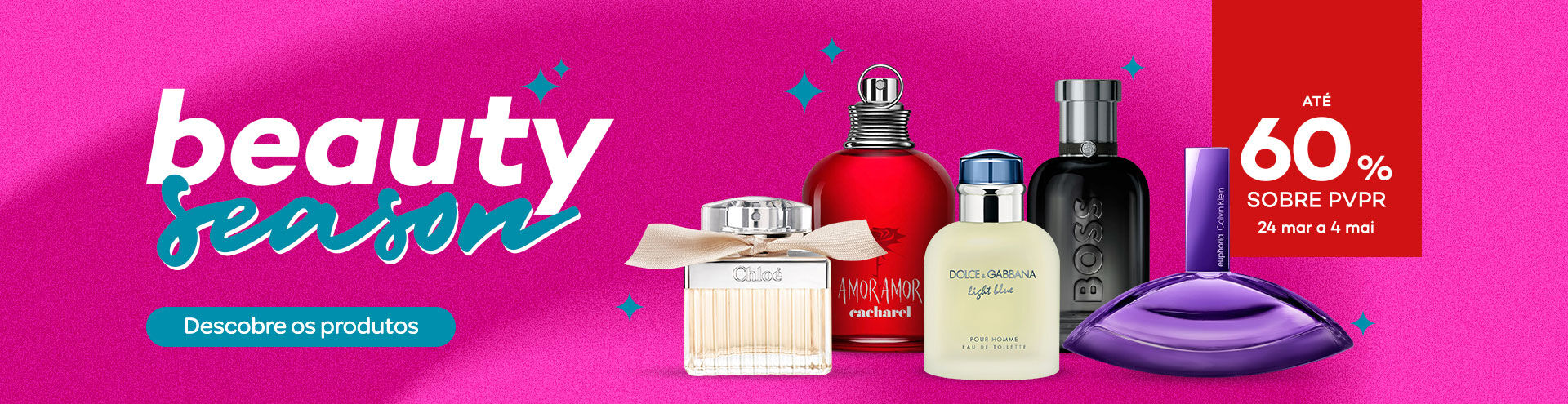 Campanha Beauty Season, com selo de desconto at&eacute; 60% sobre pvpr. De 24 de mar&ccedil;o a 4 de maio. Descobre j&aacute;!
