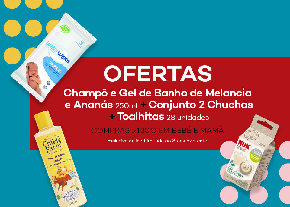 Banner com as 3 ofertas disponíveis das marcas Waterwipes, Childs Farm e NUK e explicação das condições da campanha
