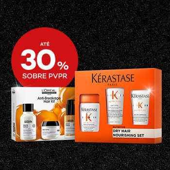 Destaque coffrets de gamas profissionais em campanha black friday com selo de desconto até 30% sobre preço de venda ao público recomendado