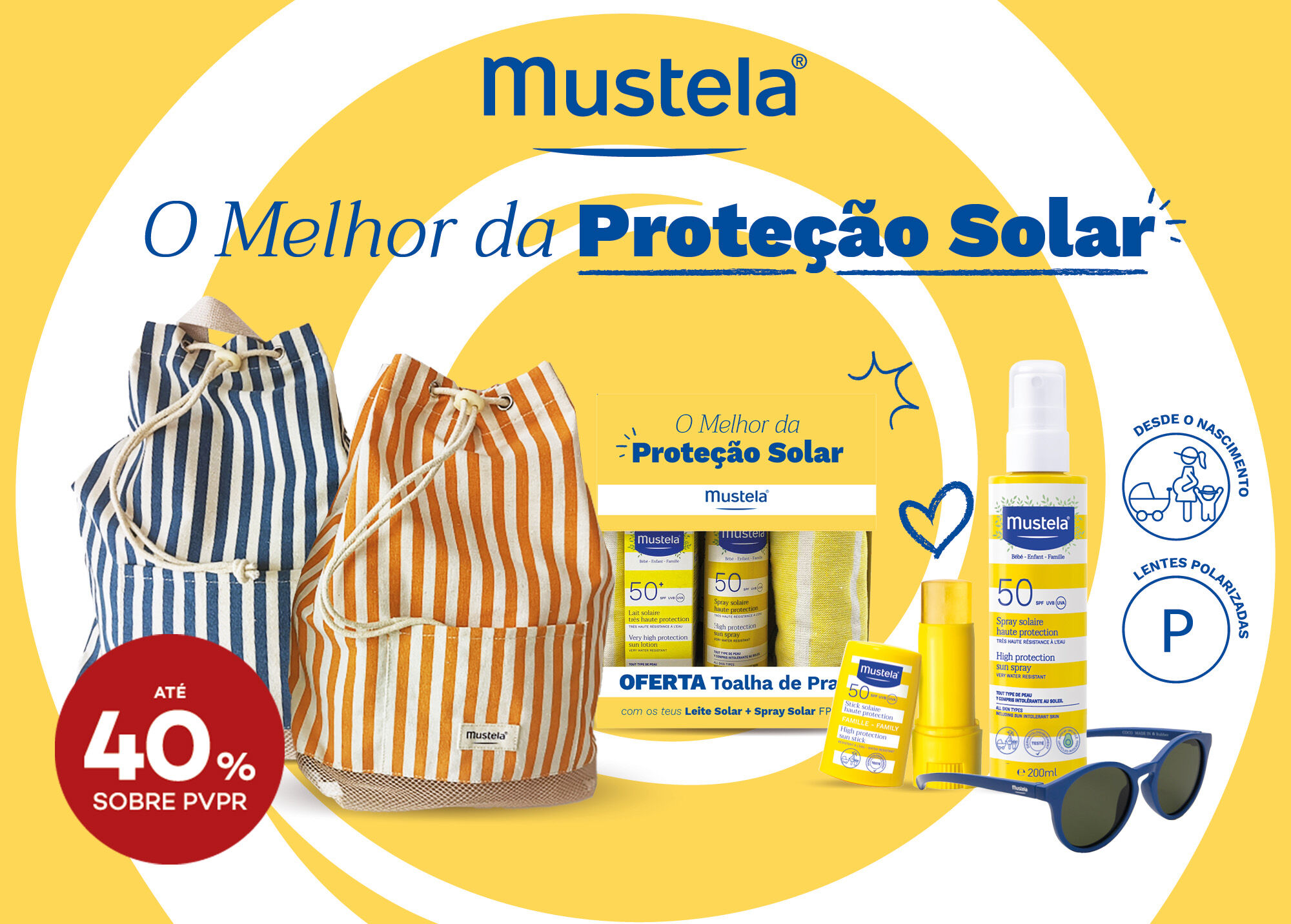 Gama de Proteção Solar Mustela com selo de desconto até 40% sobre preço de vendo ao público recomendado Gama de Proteção Solar Mustela com selo de desconto até 40% sobre preço de vendo ao público recomendado