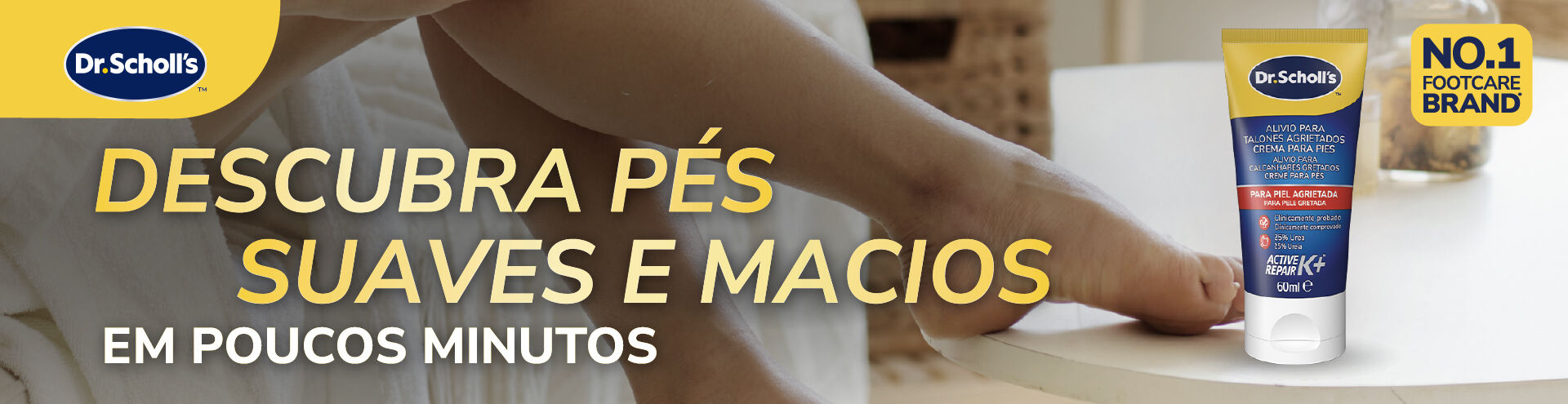 Descobre p&eacute;s suaves e macios em poucos minutos com o creme para p&eacute;s Dr. Scholl's, que ajuda a reparar a pele seca e gretada para um maior conforto no dia a dia. Descobre j&aacute;!