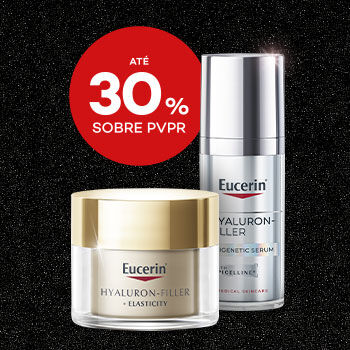 Produtos Eucerin com selo de desconto até 30% sobre preço de venda ao público recomendado.