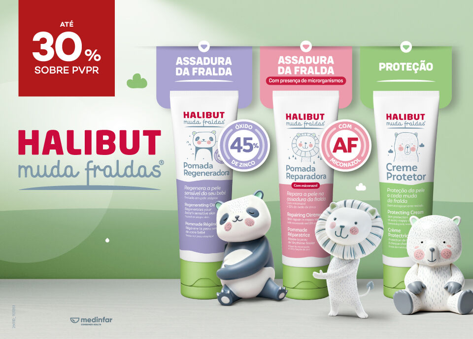 Halibut Muda Fraldas com selo at&eacute; 30% sobre pre&ccedil;o de venda ao p&uacute;blico recomendado.