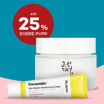 Produtos K-Beauty com selo de desconto at&eacute; 25% sobre pre&ccedil;o de venda ao p&uacute;blico recomendado.