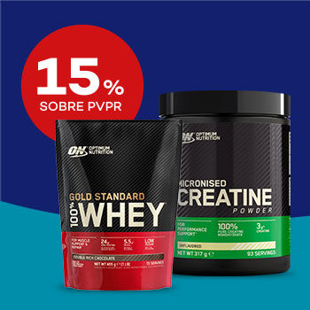 Produtos Optimum Nutrition com selo de desconto de 15% sobre preço de venda ao público recomendado