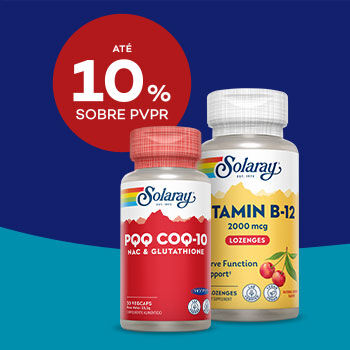 Produtos de Solaray com selo de desconto até 10% sobre preço de venda ao público recomendado.