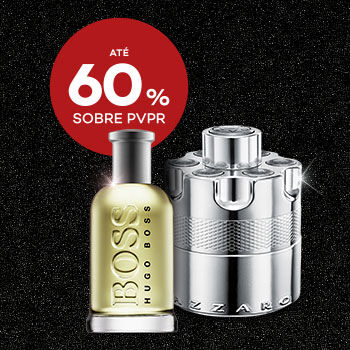 Destaque perfumes em campanha black friday com selo de desconto até 60% sobre preço de venda ao público recomendado