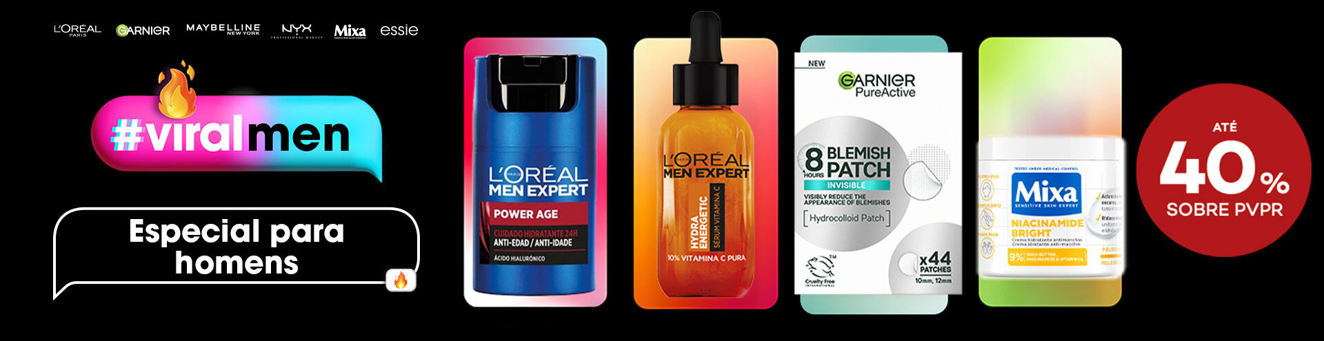 Destaque de cosmética homem L'Oréal Men Expert, Garnier e Mixa com selo de desconto até 40% sobre preço de venda ao público recomendado.