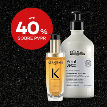 Destaque produtos gamas profissionais em campanha black friday com selo de desconto até 40% sobre preço de venda ao público recomendado