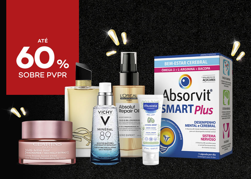 Produtos em campanha Black Friday com selo de desconto até 60% sobre preço de venda ao público recomendado