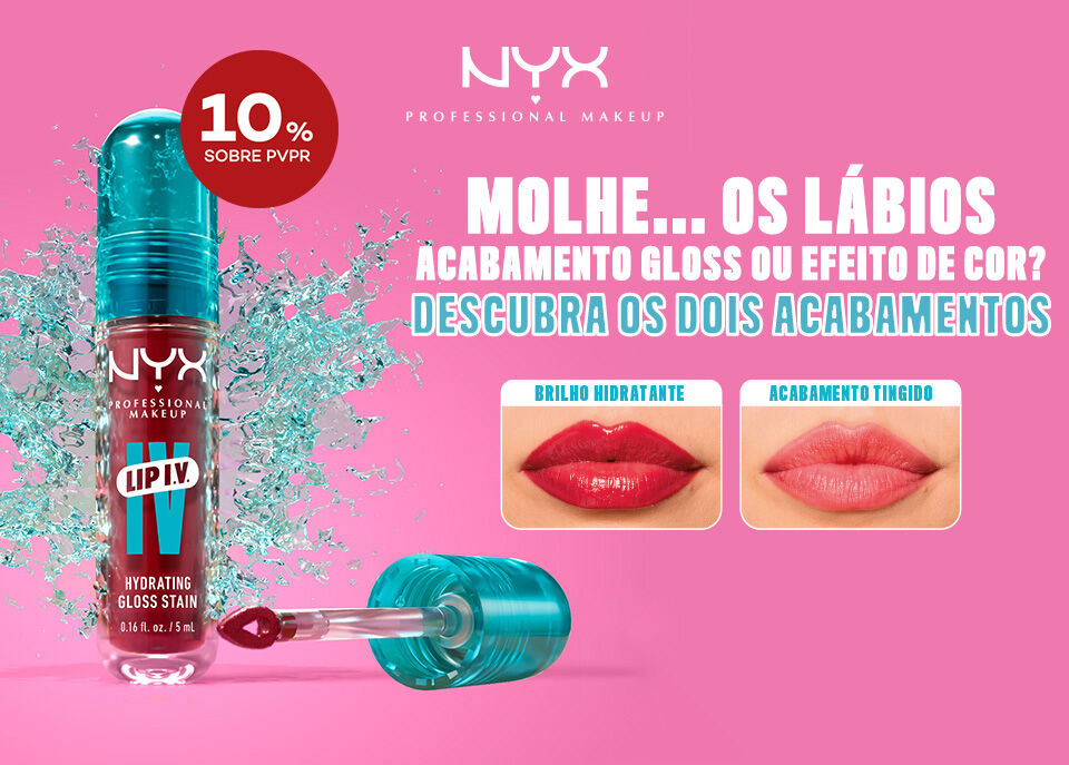 Novo gloss NYX LIP I.V. com acabamento gloss ou efeito de cor Novo gloss NYX LIP I.V. com acabamento gloss ou efeito de cor