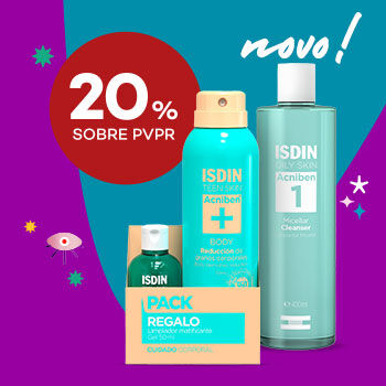 Destaque de novidades Acniben com selo de desconto 20% sobre preço de venda ao público recomendado. 