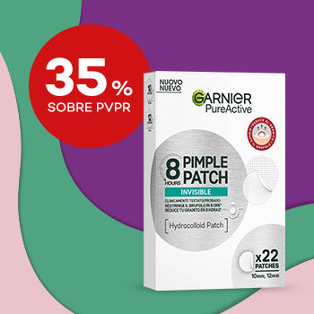 Caixa de adesivos Garnier Pure Active com 22 unidades em destaque e selo de desconto de 35% sobre PVPR