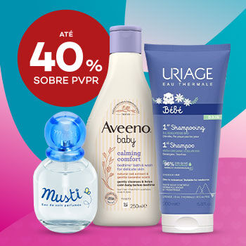 Produtos de Higiene do Bebé com selo de desconto até 40% sobre preço de venda ao público recomendado.