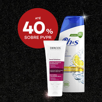 Destaque de champôs em campanha black friday com selo de desconto até 40% sobre preço de venda ao público recomendado