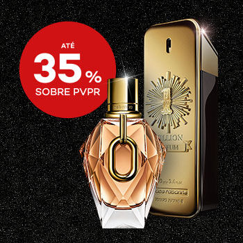 Produtos Rabanne com selo de desconto até 35% sobre preço de venda ao público recomendado.