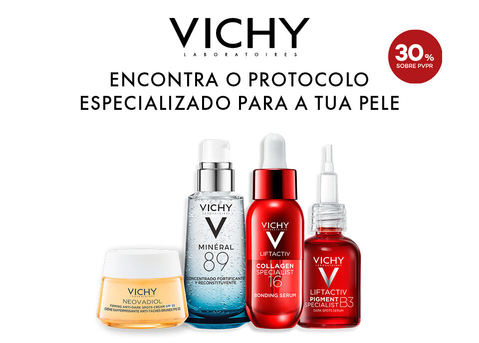 Destaque produtos Vichy com selo de desconto de 30% sobre preço de venda ao público recomendado Destaque produtos Vichy com selo de desconto de 30% sobre preço de venda ao público recomendado