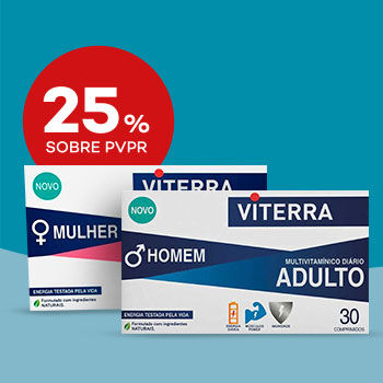 Destaque de dois produtos Viterra e selo de desconto 25% sobre preço venda ao publico recomendado