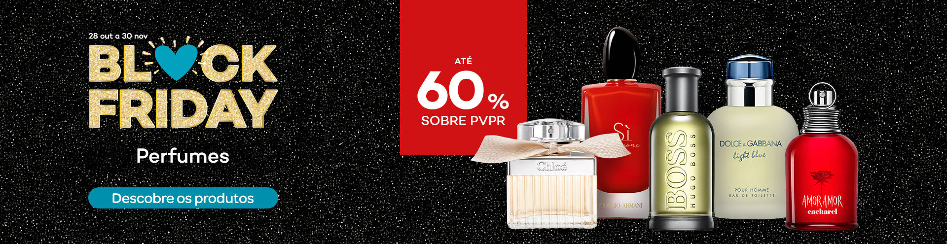 Destaque perfumes em campanha black friday com selo de desconto até 60% sobre preço de venda ao público recomendado