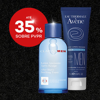 Destaque produtos after shave em campanha black friday com selo de desconto até 35% sobre preço de venda ao público recomendado