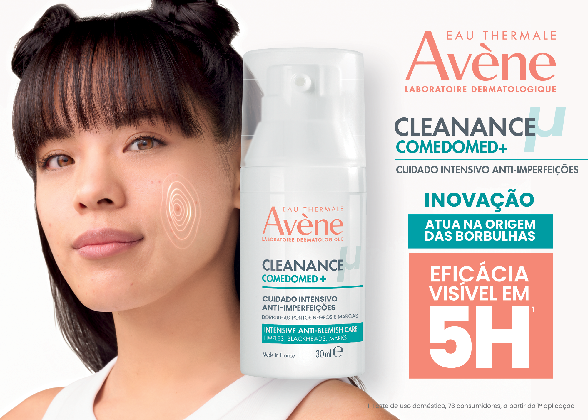 Destaque novo produto Avène Cleanance Comedomed+ que atua na origem das borbulhas com eficácia visível em 5 horas