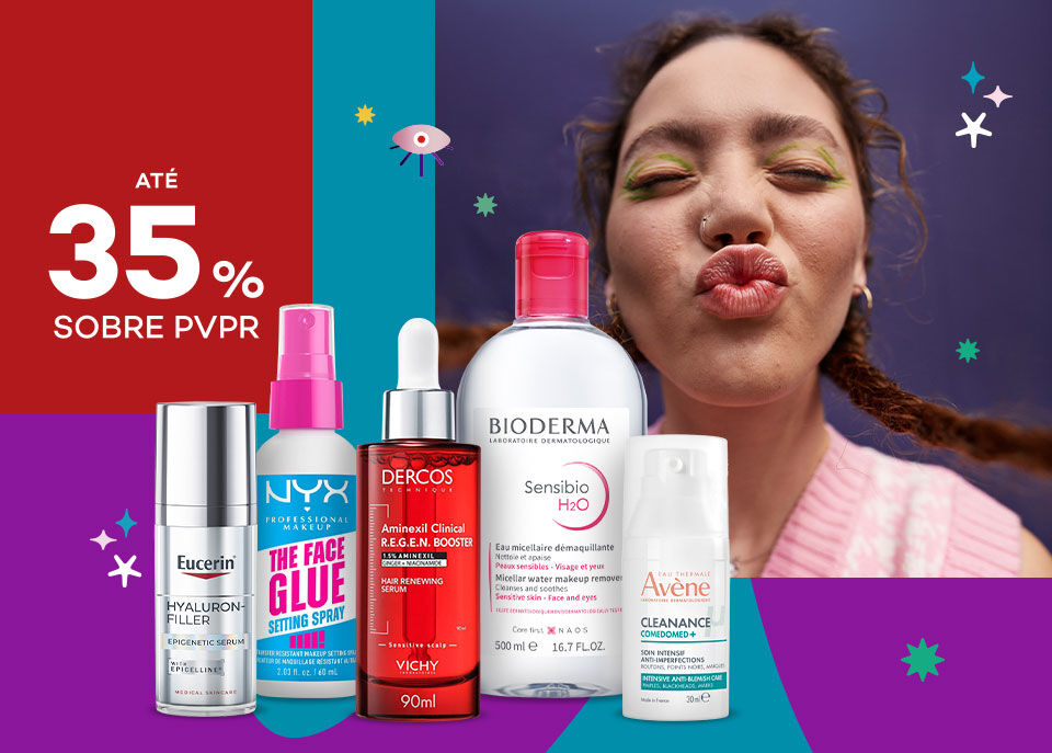 Destaque produtos em campanha Beauty Fest com selo de desconto até 35% sobre preço de venda ao público recomendado