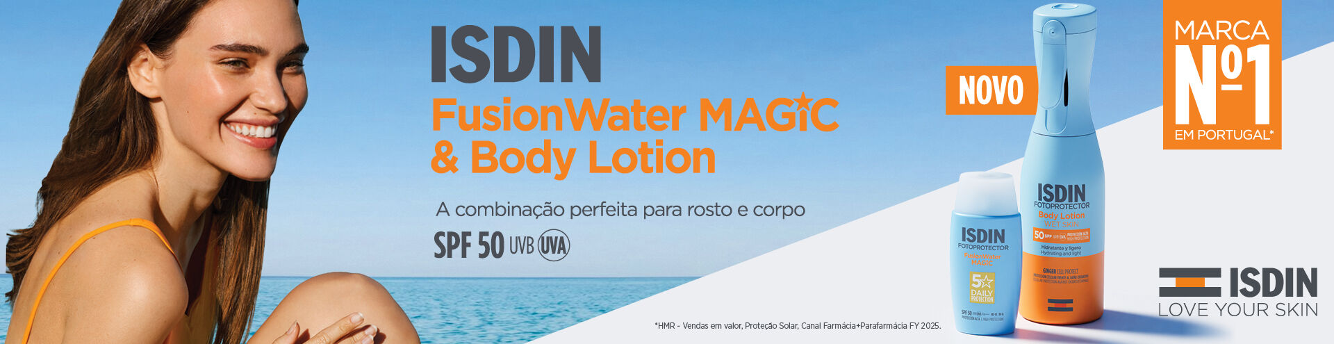 Isdin Fusion Water Magic & Bpdy Lotion. A combina&ccedil;&atilde;o perfeita para rosto e corpo. SPF 50.