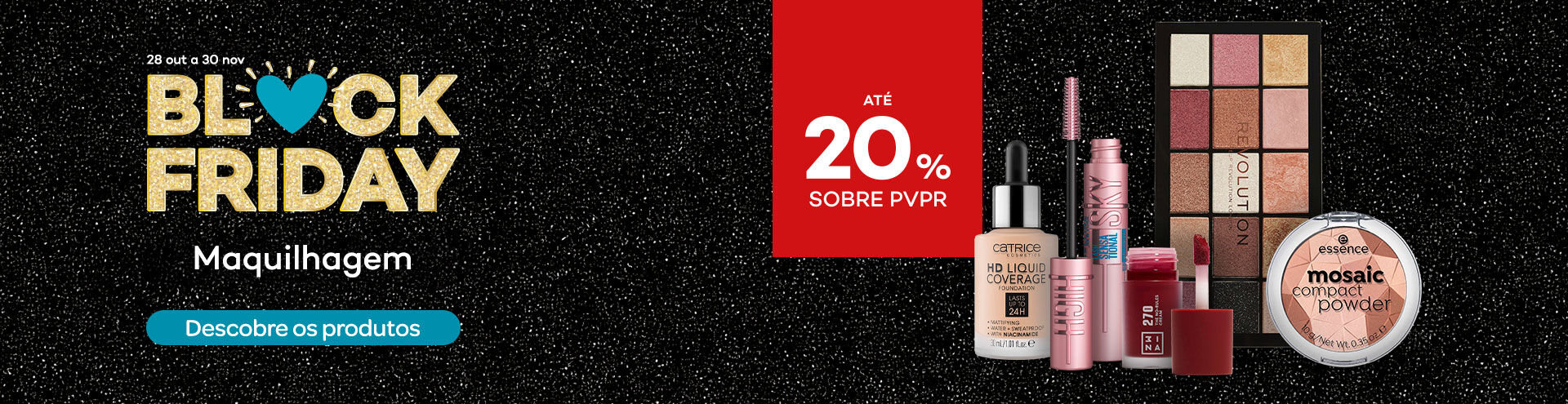 Destaque produtos em campanha black friday com selo de desconto até 20% sobre preço de venda ao público recomendado