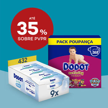 Caixa de fraldas Dodot Activity e Pack de Toalhitas Aqua Pure com desconto até  35% sobre Preço de Venda ao Público Recomendado.