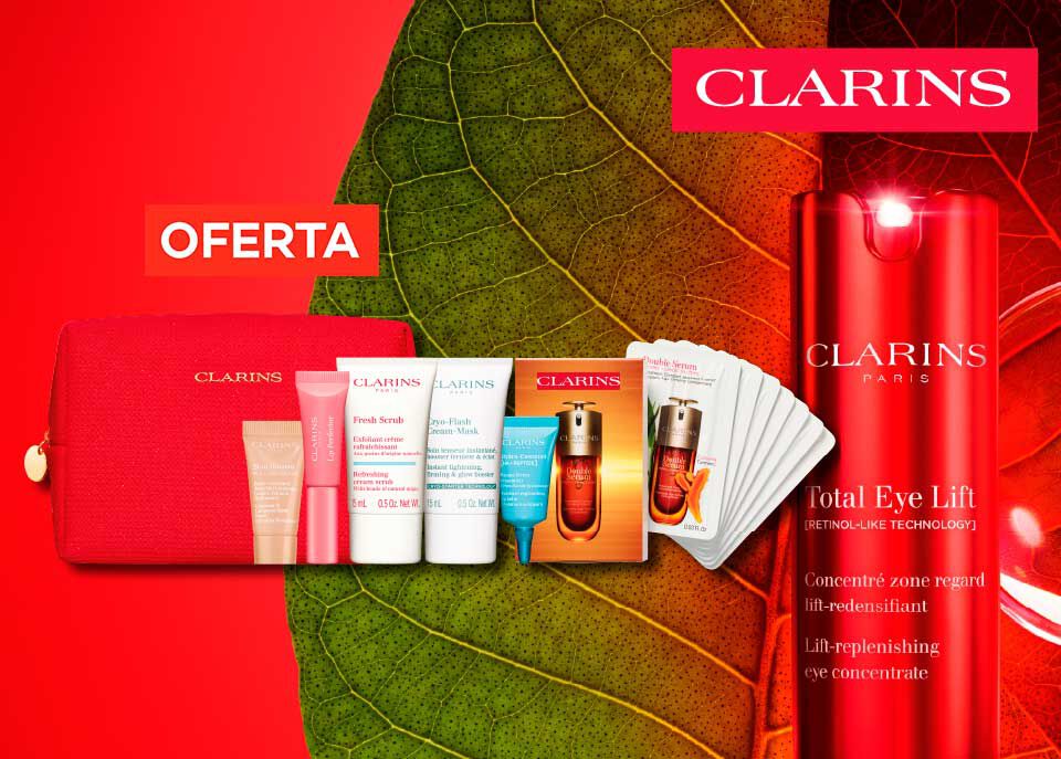 Destaque da bolsa vermelha com os minis e amostras de oferta Clarins
