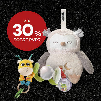 Destaque brinquedos de bebe em campanha black friday com selo de desconto até 30% sobre preço de venda ao público recomendado