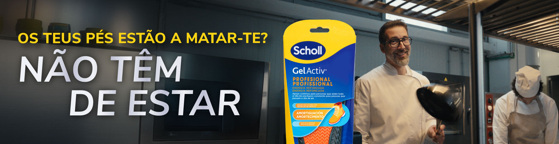 Os teus p&eacute;s est&atilde;o a matar-te? N&atilde;o t&ecirc;m de estar. As palmilhas Scholl GelActiv&reg; Professional foram desenvolvidas para proporcionar energia refor&ccedil;ada, absor&ccedil;&atilde;o de impacto e amortecimento ao longo do dia, oferecendo apoio constante a quem passa muitas horas de p&eacute; e ajudando a reduzir o desconforto associado &agrave; press&atilde;o di&aacute;ria nos p&eacute;s.